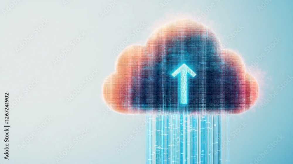 Digital cloud storage concept with data upload represented by glowing binary rain, showcasing technology and innovation in a modern context Digital cloud storage concept with data upload represented by glowing binary rain, showcasing technology and innovation in a modern context