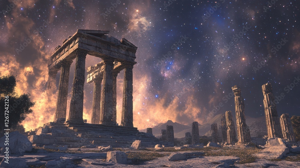 Fototapeta premium Ancient ruins under starry night, Greece, mystical background, fantasy art