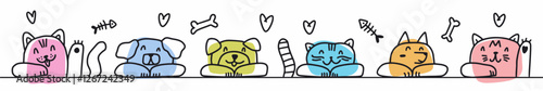 Horizontal illustration of cat and dog faces hand drawn in doodle style