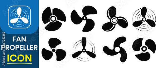 Fan propeller icon, vector set. Silhouette of Computer cooling device. Electrical temperature equipment. Cooling fan elements. Vector illustration.