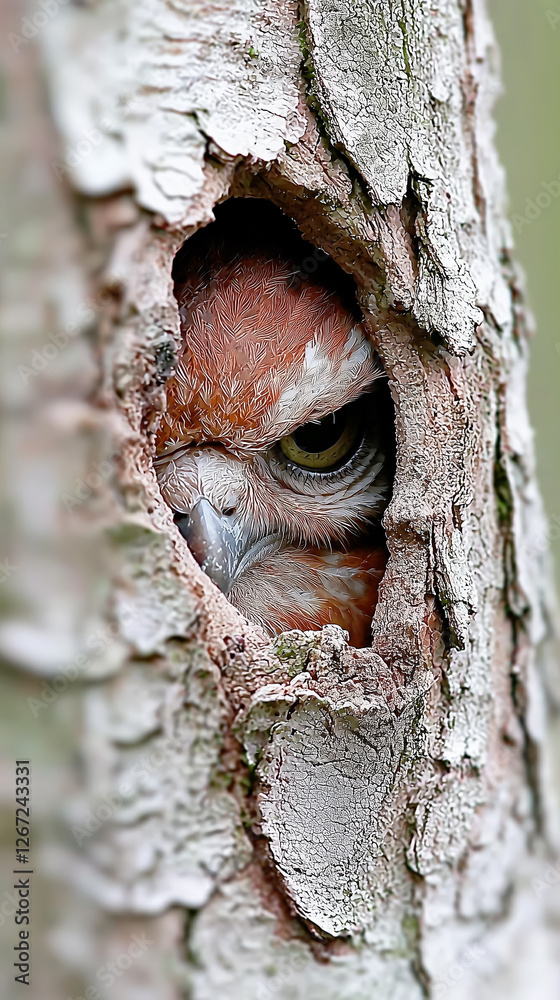 Obraz premium Owl peeking through a hollow tree with sharp eyes and detailed feathers in a forest