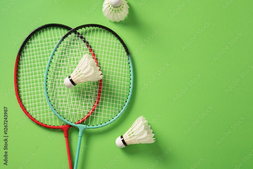 White feather badminton shuttlecock and badminton racket on green background. View from above. Concept racket sport. Leisure games.