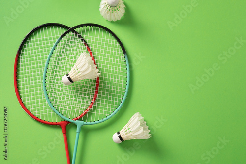 Obraz na płótnie White feather badminton shuttlecock and badminton racket on green background. View from above. Concept racket sport. Leisure games. w salonie