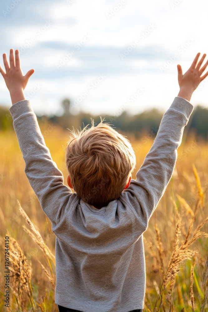 Young boy raising arms joyfully in wheat field symbolizing freedom childhood happiness optimism and connection to nature in golden countryside Young boy raising arms joyfully in wheat field symbolizing freedom childhood happiness optimism and connection to nature in golden countryside