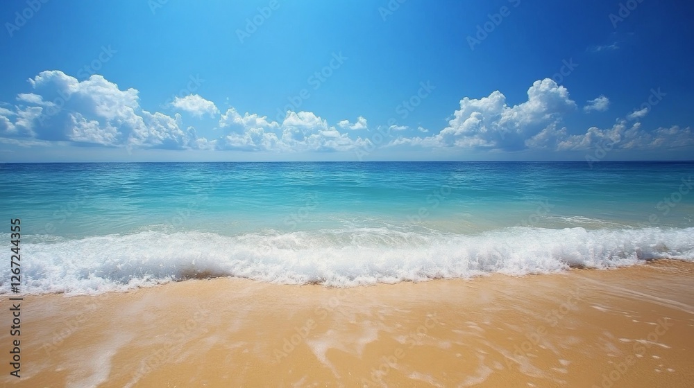 Crystal clear turquoise waters lapping gently on a sandy beach under a bright blue sky Crystal clear turquoise waters lapping gently on a sandy beach under a bright blue sky