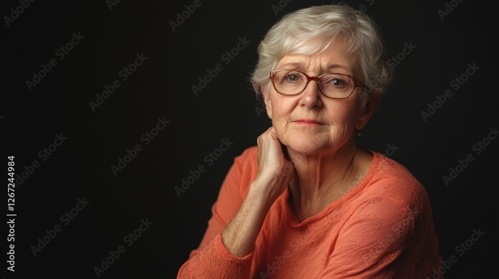 Senior woman seated, leaning slightly forward while holding her shoulder, showing discomfort in a studio setting. Senior woman seated, leaning slightly forward while holding her shoulder, showing discomfort in a studio setting.