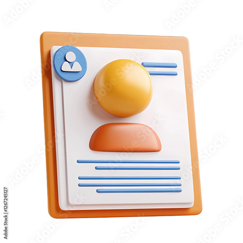 A 3D digital icon of a resume or profile document, featuring a user avatar and text lines, symbolizing personal information, job applications, and professional identity.