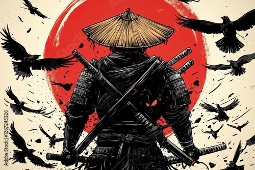 A striking silhouette of a samurai holding swords, set against a vivid red sun, representing strength, honor, and the art of traditional Japanese warrior culture.