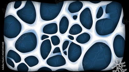 Abstract Blue and White Interconnected Cell Network with Geometric Patterns and Organic Shapes