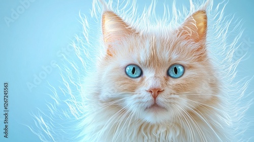 A fluffy, light-colored cat with striking blue eyes sits against a soft blue background, radiating an ethereal glow.