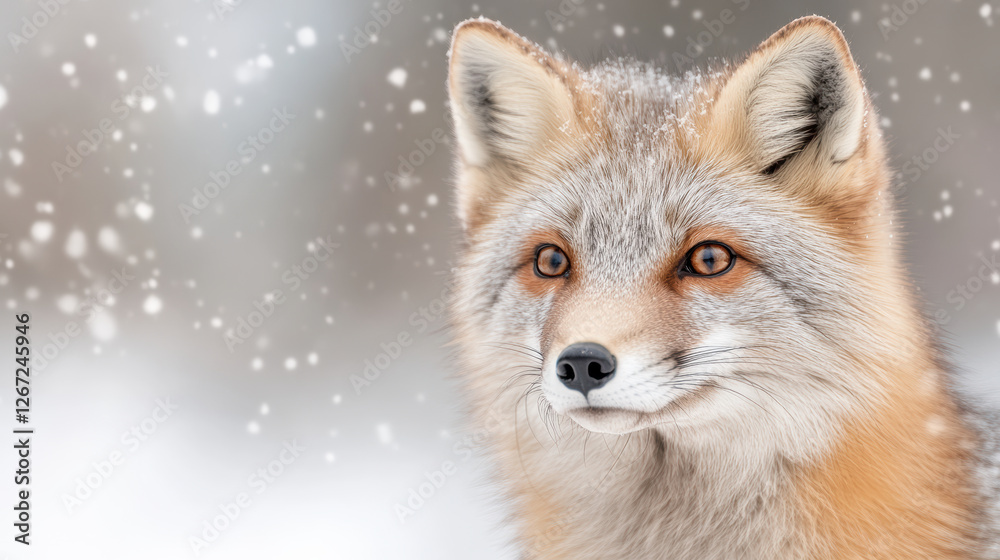 Fototapeta premium Red fox in snowy landscape with falling snowflakes creating a serene winter atmosphere in nature