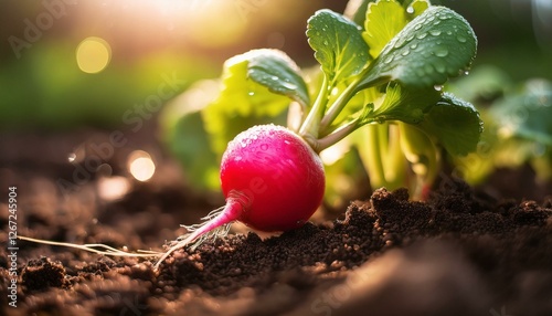 Freshly grown radish in soil with morning dew, capturing the essence of nature and gardening