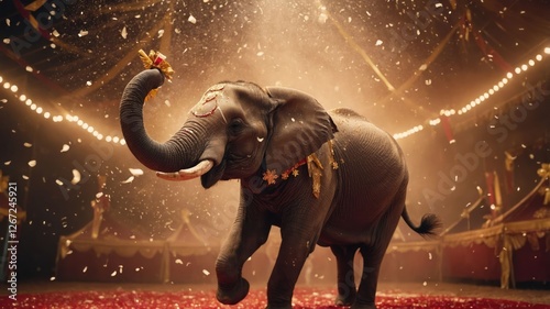 A lively elephant performs in a circus, surrounded by festive decorations and confetti.