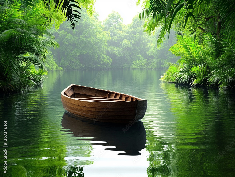 Serene wooden boat floating in a lush green lake Serene wooden boat floating in a lush green lake