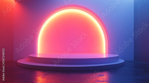Illuminated semicircular archway behind circular pedestal in abstract room