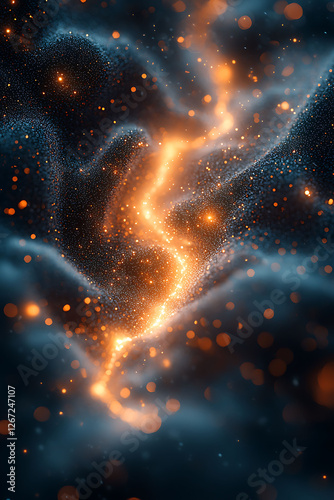 Abstract cosmic nebula with glowing particles.  Dynamic, energyfilled composition evokes ideas of innovation, technology, and the universe. Ideal for tech, science, and fantasy projects. photo