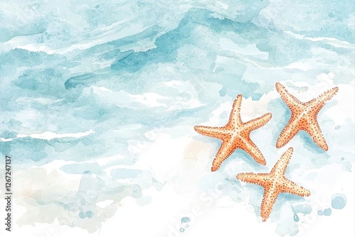 Starfish scattered across serene ocean background, under the sea, watercolor illustration Concept,