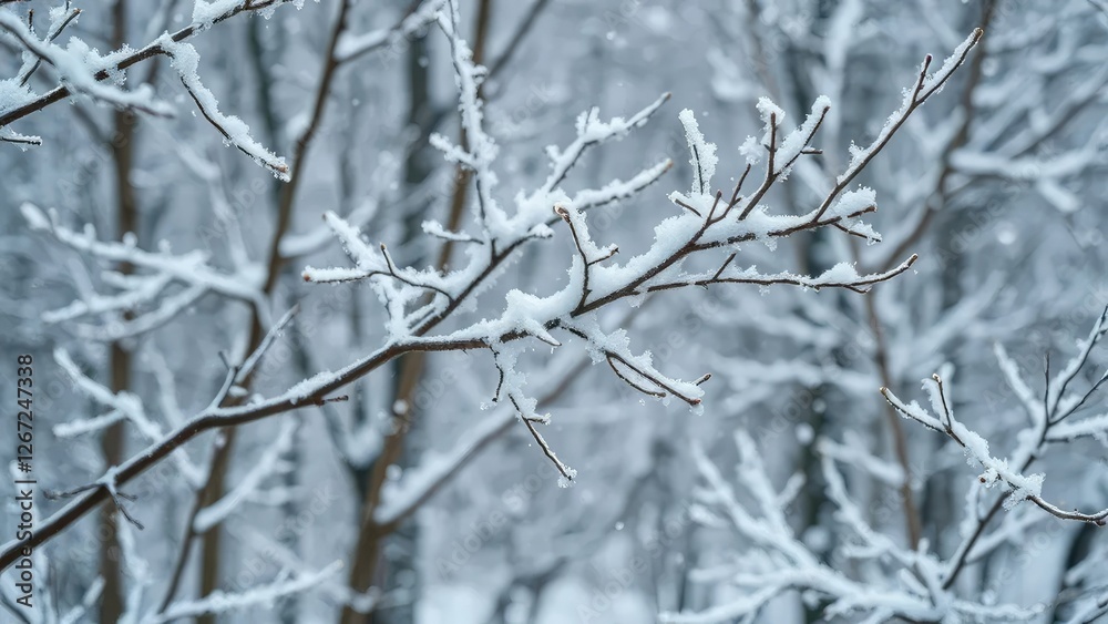 Delicate snowflakes gently fall on the frosty branches of bare trees, nature, calm, winter wonderland Delicate snowflakes gently fall on the frosty branches of bare trees, nature, calm, winter wonderland