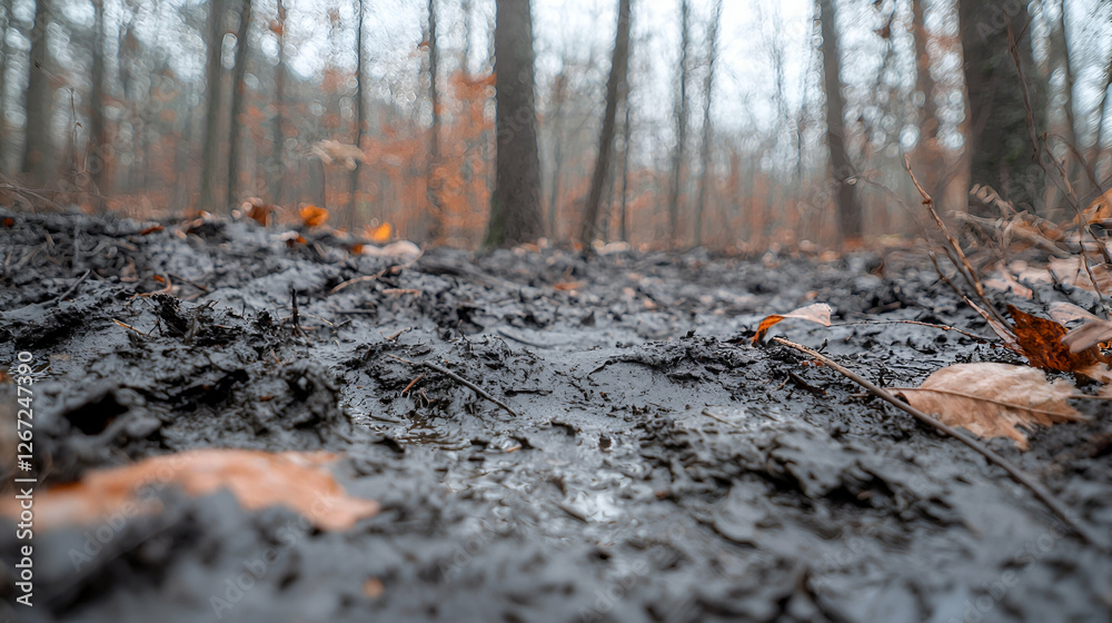 Muddy forest trail, autumn leaves, background trees, nature walk Muddy forest trail, autumn leaves, background trees, nature walk