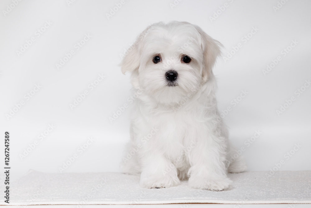 Portrait of a cute Maltese breed puppy. A small dog licking lips on a bright fashionable gray background. Portrait of a cute Maltese breed puppy. A small dog licking lips on a bright fashionable gray background.