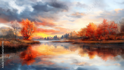 serene autumn landscape with vibrant orange trees reflecting water