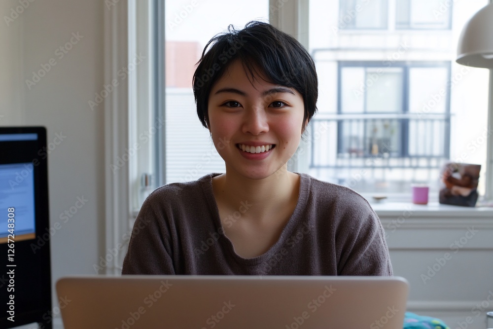 Smiling woman working on laptop at home with bright window view Smiling woman working on laptop at home with bright window view