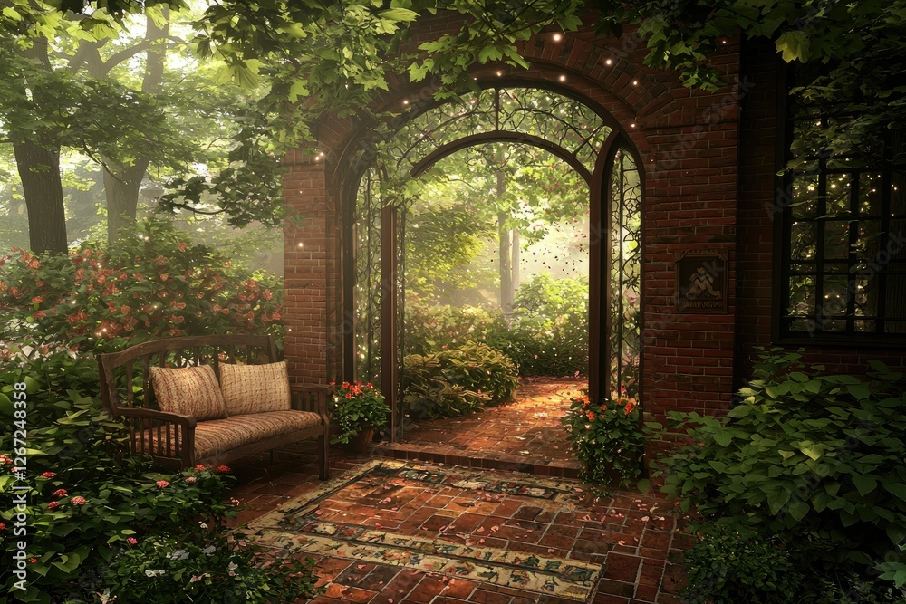Fototapeta premium Serene Garden Escape Tranquil Brick Archway Leading to Lush Foliage and Cozy Bench