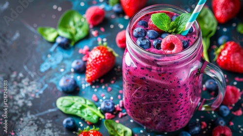 This vibrant smoothie features an assortment of berries, showcasing blueberries, strawberries, and raspberries, creating a refreshing and healthy drink option.