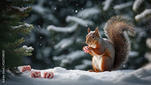 A squirrel enjoying candy canes in a snowy forest setting.