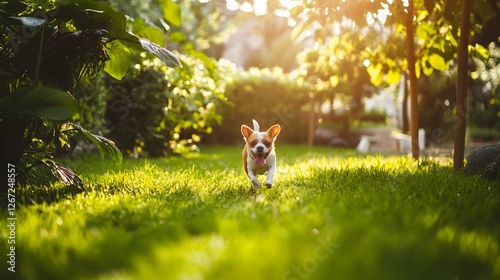 Wallpaper Mural 48. A tranquil pet-friendly garden with a small dog running through the grass, trees shading the area Torontodigital.ca