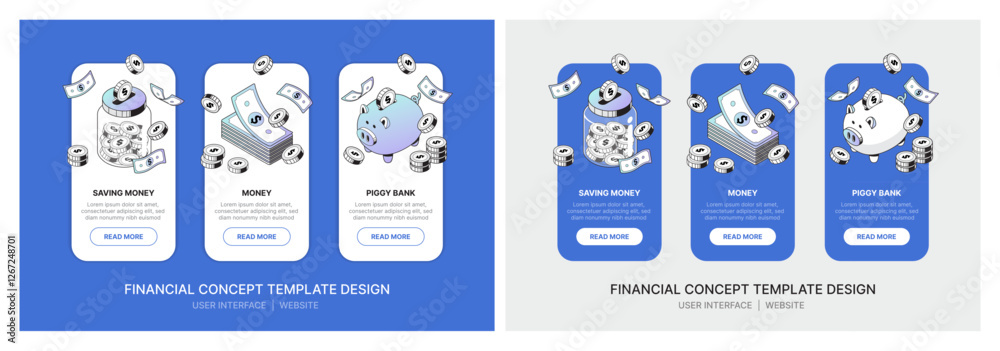 Set of user interface designs for websites on both desktop and mobile, featuring a finance and money concept with an isometric design style on a blue background