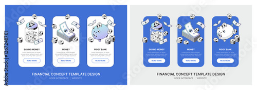 Set of user interface designs for websites on both desktop and mobile, featuring a finance and money concept with an isometric design style on a blue background