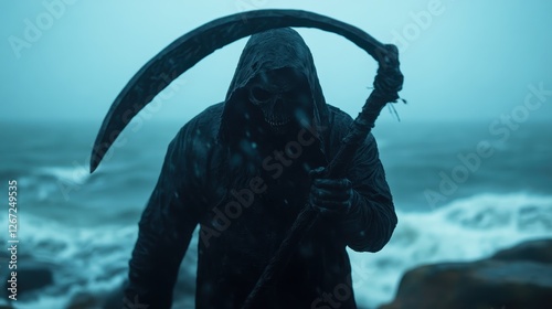A skeletal figure cloaked in shadows and mist stands ominously by the sea, representing the inevitability of death and the haunting beauty of nature's fury.