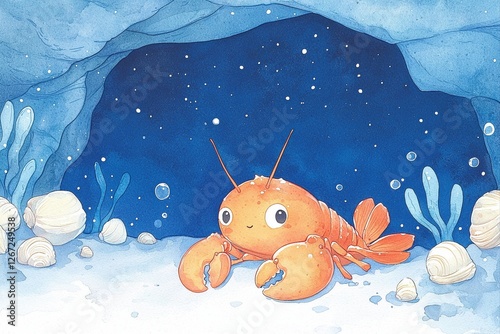 Lobster resting in luminous underwater cave, under the sea, watercolor illustration Concept,