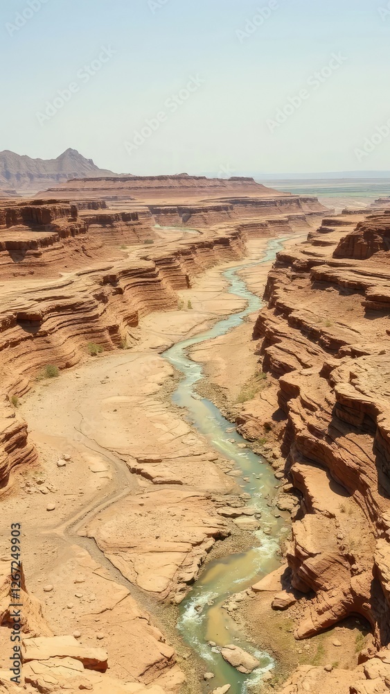 Fototapeta premium Desert landscape with dry riverbeds and rocky terrain, erosion, arid landscape