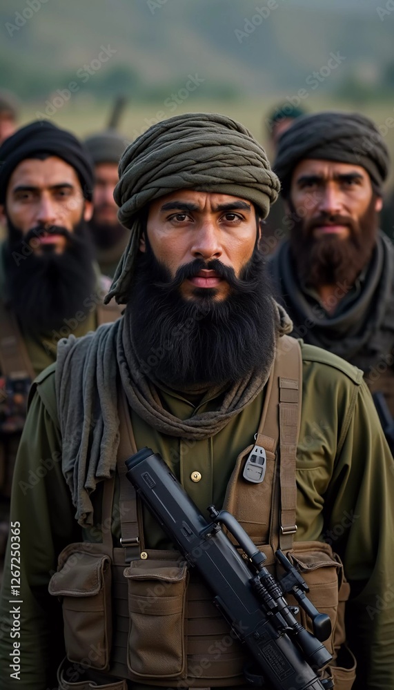 A group of armed men dressed in traditional clothing stand united, showing their camaraderie and readiness. Militant Muslim men, similar to the Taliban or Pakistani army. Thick beard. Generative AI A group of armed men dressed in traditional clothing stand united, showing their camaraderie and readiness. Militant Muslim men, similar to the Taliban or Pakistani army. Thick beard. Generative AI