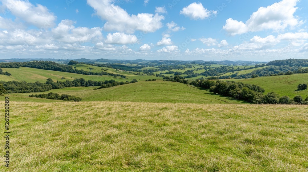 Obraz premium Panoramic view of rolling hills and green meadows. Possible use Nature photography