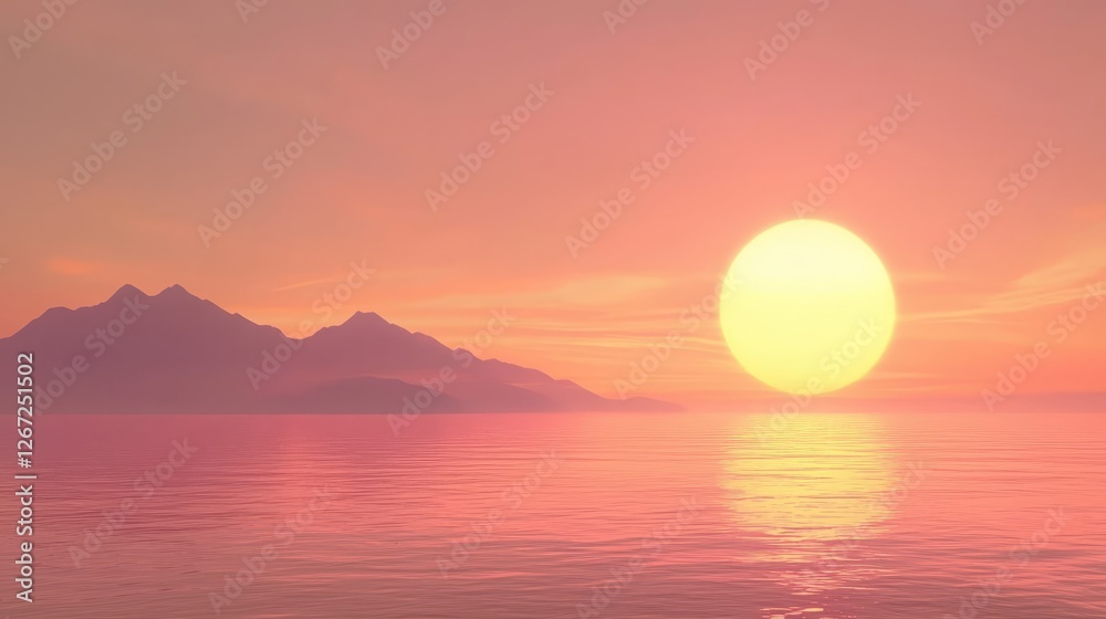 Naklejka premium Breathtaking sunset landscape golden hues over tranquil waters and majestic mountains