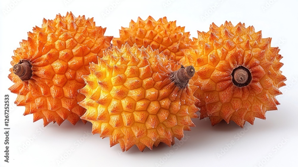 Three Golden Spiky Fruits Resting on White Background Three Golden Spiky Fruits Resting on White Background