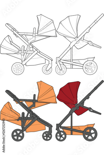 Bundling set of vector of baby stroller isolated on white background. Vector illustration of a modern style.