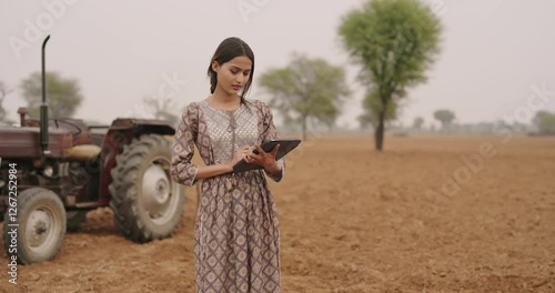 Indian young adult village woman wear casual dress tablet tab gadget do online work check area data look camera farmer field teen age girl lady use device screen posing staring cam outside desi life