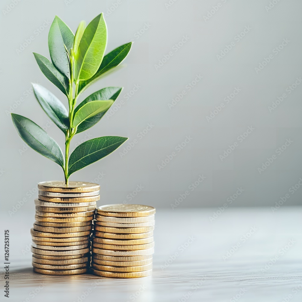 Growing Money Concept Stacks of Golden Coins with a Lush Green Plant Sprouting
