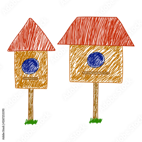 Two hand-drawn wooden birdhouses with red roofs and blue entrance holes, illustrated in a scribble sketch style. A set of birdhouses.