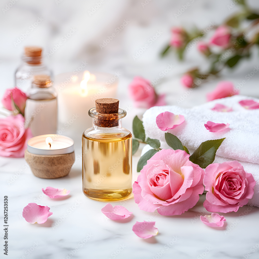 Concept of pure organic essential rose oil. Elixir with plant based floral or herbal ingredients. Pink flowers extract. Spa atmosphere with candle, towel. White background. Concept of pure organic essential rose oil. Elixir with plant based floral or herbal ingredients. Pink flowers extract. Spa atmosphere with candle, towel. White background.