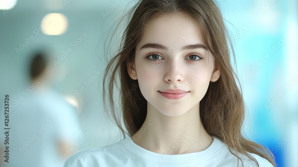 Elegant woman with long flowing hair in crisp white shirt Elegant woman with long flowing hair in crisp white shirt