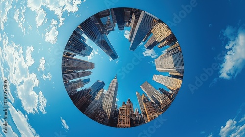 NYC Skyscrapers Panorama, Circle View, Sunny Day, Clouds