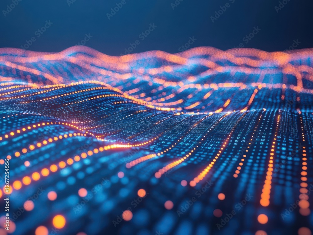 A glowing matrix of data streaming over a virtual landscape, Futuristic, Cybernetic, Innovative A glowing matrix of data streaming over a virtual landscape, Futuristic, Cybernetic, Innovative