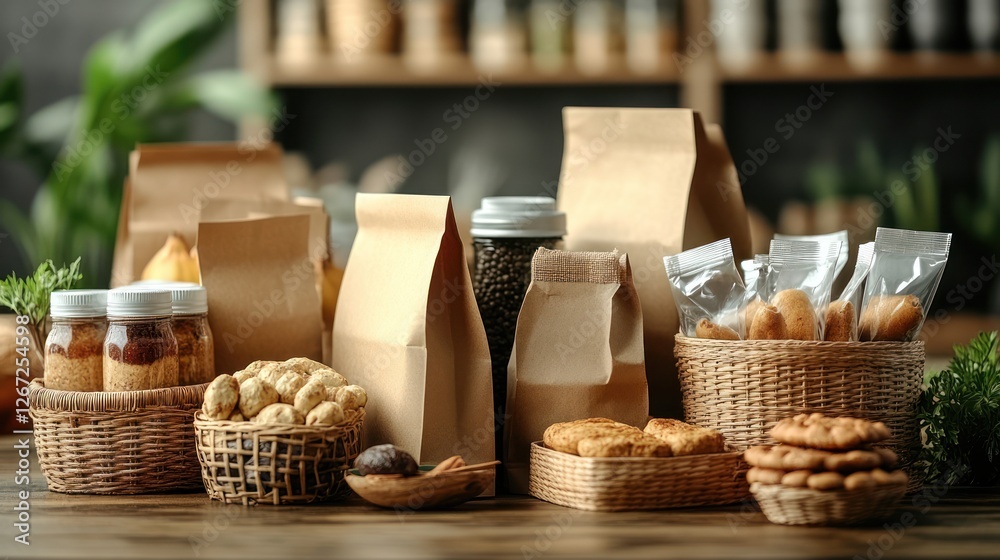 Fototapeta premium Sustainable food packaging, bakery items, kitchen setting