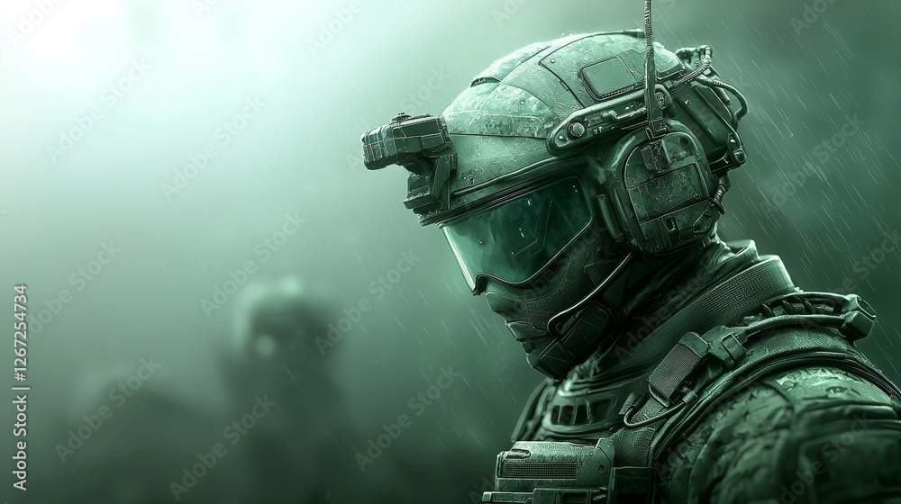 Naklejka premium Resilient soldier stands firm amidst the torrent of heavy rainstorm lone