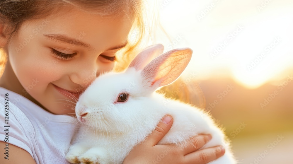 Heartwarming portrait of little girl cuddling fluffy white rabbit adorable